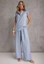 Jasnoniebieski Komplet z Wiskozą Bluzka z Kołnierzem i Spodnie Wide Leg Naunne