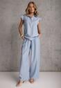 Jasnoniebieski Komplet z Wiskozą Bluzka z Kołnierzem i Spodnie Wide Leg Naunne