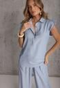 Jasnoniebieski Komplet z Wiskozą Bluzka z Kołnierzem i Spodnie Wide Leg Naunne