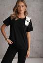 Czarno-Biały Bawełniany T-shirt o Klasycznym Kroju z Kwiatowymi Aplikacjami 3D Morgane