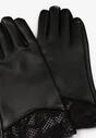 Czarne Eleganckie Rękawiczki z Imitacji Skóry Ocieplone Futerkiem Sajansa
