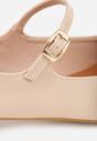 Beżowe Czółenka o Lakierowanym Połysku na Niskim Obcasie z Paskiem i Klamerką Karzina