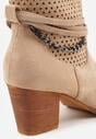 Ciemnobeżowe Botki Vices na Słupku w Stylu Kowbojek z Ażurową Cholewką i Paskami Tulifedi