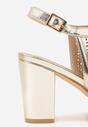 Złote Sandały Vices na Słupku z Ażurową Cholewką i Skórzaną Wkładką Saramiae