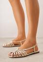 Złote Sandały Peep Toe VICES na Płaskiej Podeszwie z Cienkimi Paseczkami Nadalila