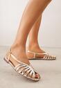 Złote Sandały Peep Toe VICES na Płaskiej Podeszwie z Cienkimi Paseczkami Nadalila