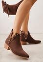 Brązowe Botki Vices na Słupku z Ażurową Cholewką Nitami i Wycięciem Borfedi