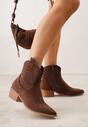 Brązowe Botki Kowbojki Vices na Słupku z Ażurową Cholewką Elfedi