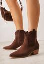 Brązowe Botki Kowbojki Vices na Słupku z Ażurową Cholewką Elfedi
