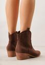 Brązowe Botki Kowbojki Vices na Słupku z Ażurową Cholewką Elfedi