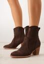 Brązowe Ażurowe Botki Kowbojki VICES na Stożkowym Obcasie Natesela