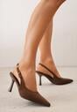 Brązowe Szpilki Slingback VICES z Imitacji Zamszu z Prostokątną Klamerką Natuma