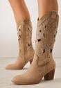 Ciemnobeżowe Ażurowe Botki Kowbojki VICES na Stożku Zdobione Nitami Sennatea