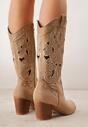 Ciemnobeżowe Ażurowe Botki Kowbojki VICES na Stożku Zdobione Nitami Sennatea