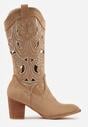 Ciemnobeżowe Ażurowe Botki Kowbojki VICES na Stożku Zdobione Nitami Sennatea