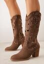 Brązowe Ażurowe Botki Kowbojki VICES na Stożku Zdobione Nitami Sennatea