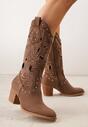 Brązowe Ażurowe Botki Kowbojki VICES na Stożku Zdobione Nitami Sennatea