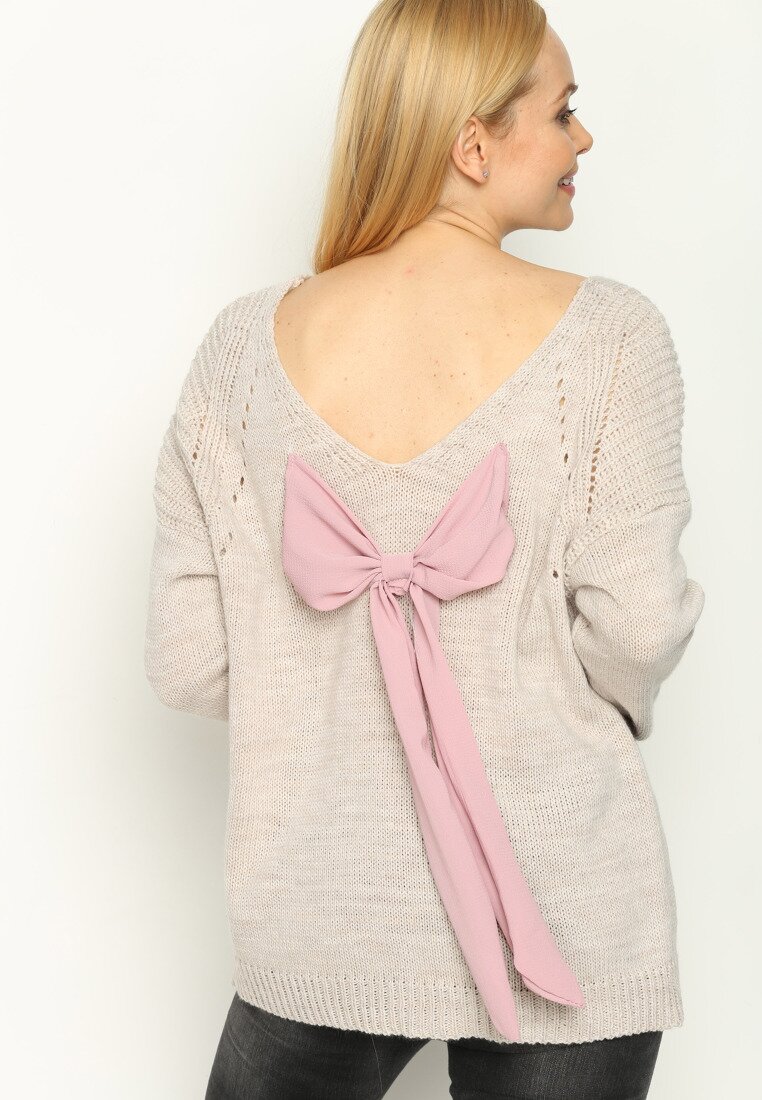 Beżowy Sweter Back Ribbon