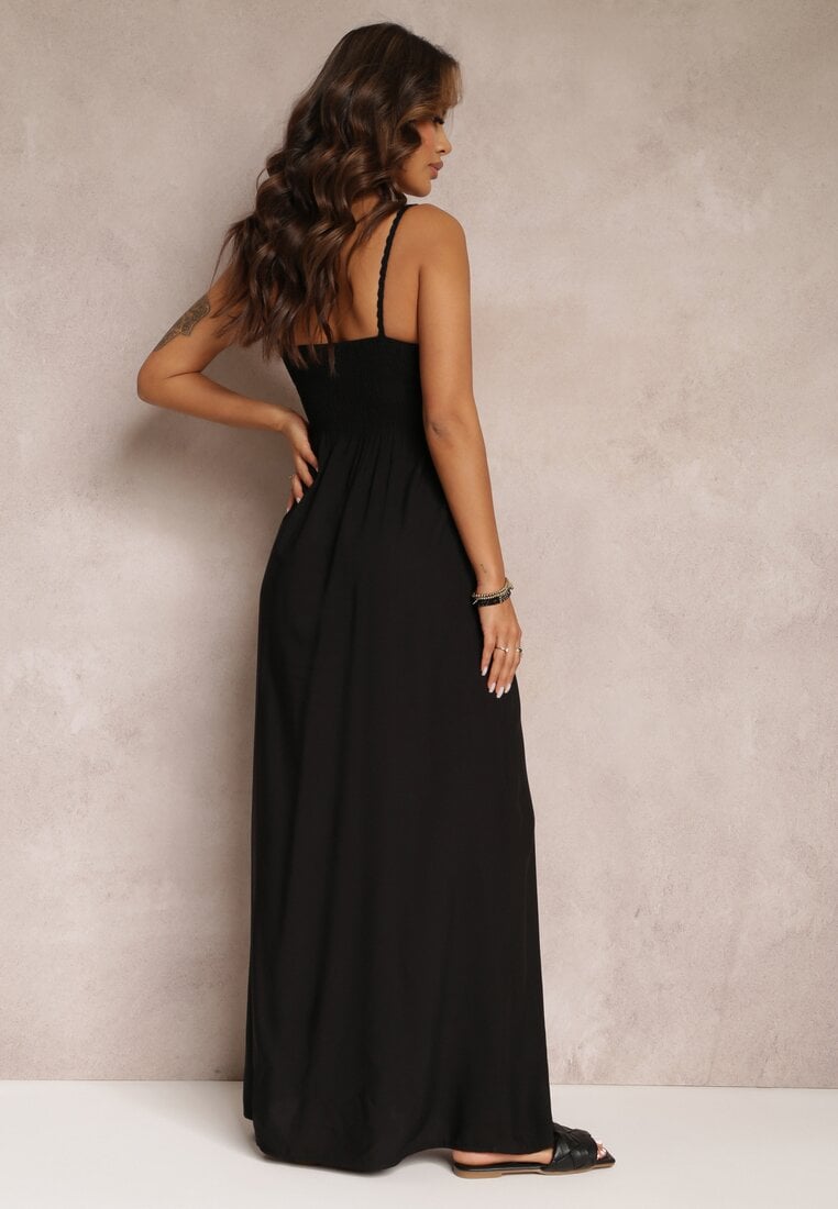 Czarna Bawełniana Sukienka Maxi z Szydełkową Górą i Gumkami na Plecach Jennesia