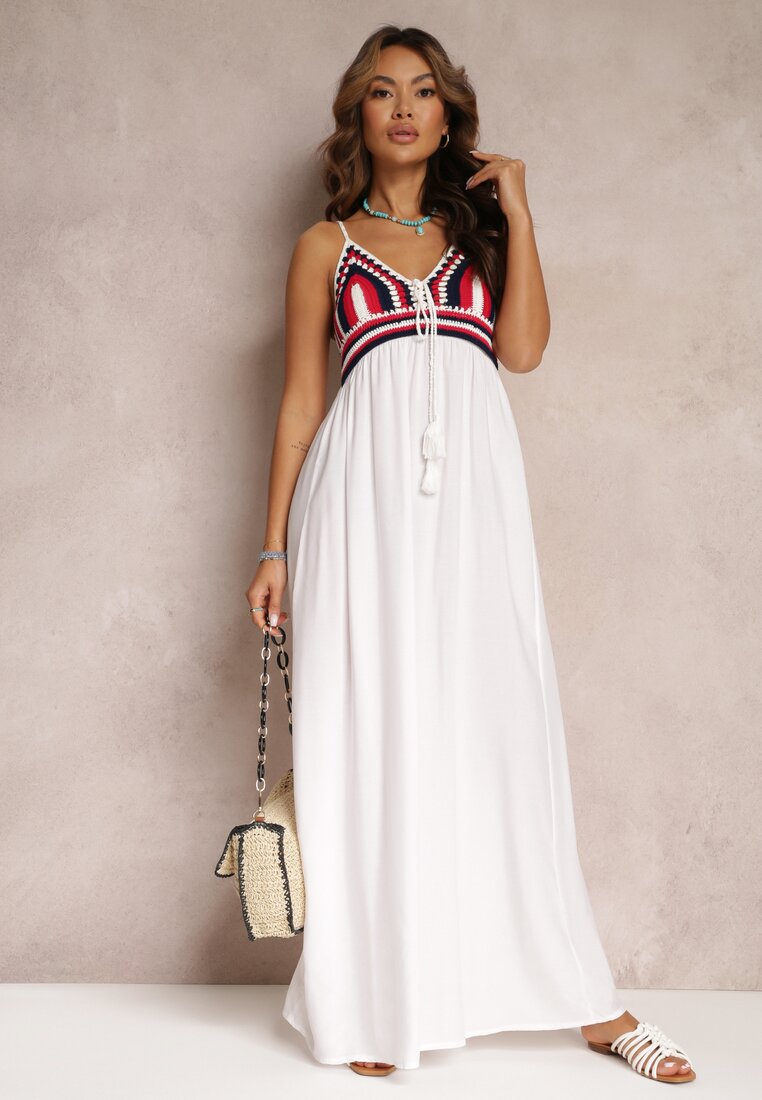 Biała Bawełniana Sukienka Maxi z Szydełkową Górą i Gumkami na Plecach Jennesia