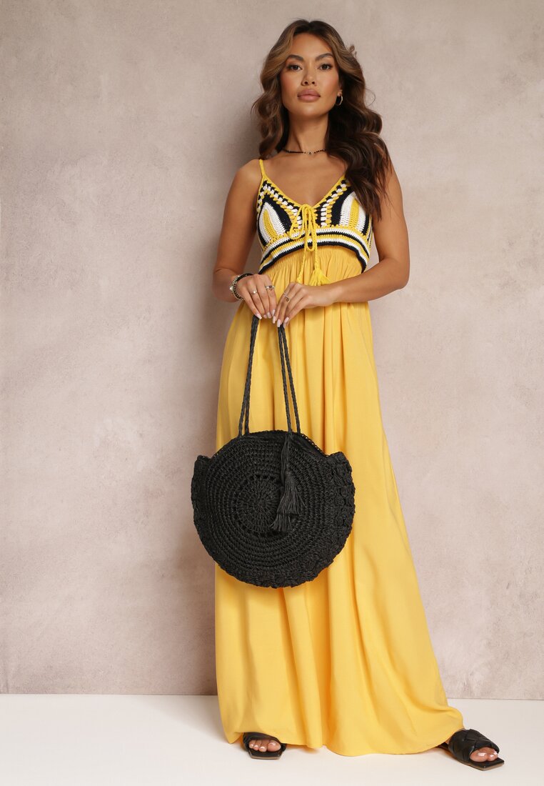 Żółta Bawełniana Sukienka Maxi z Szydełkową Górą i Gumkami na Plecach Jennesia