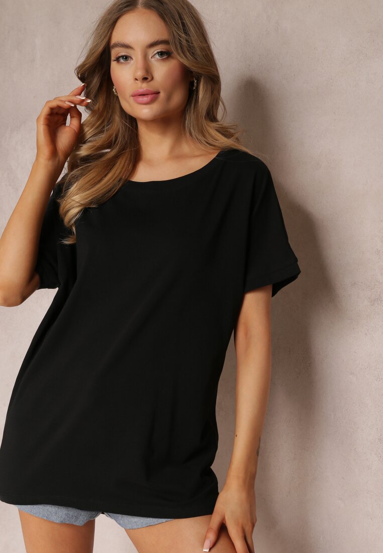 Czarny Bawełniany T-shirt Oversize z Krótkim Rękawem i Dłuższym Tyłem Zanimara