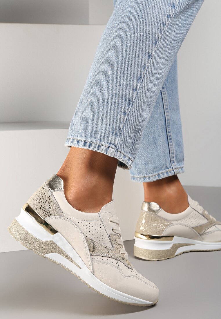 Beżowo-Złote Skórzane Sneakersy Damano