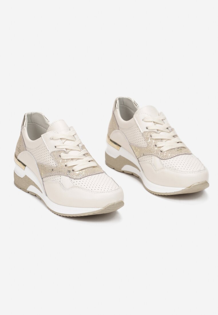Beżowo-Złote Skórzane Sneakersy Damano
