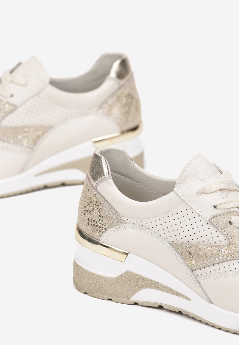 Beżowo-Złote Skórzane Sneakersy Damano