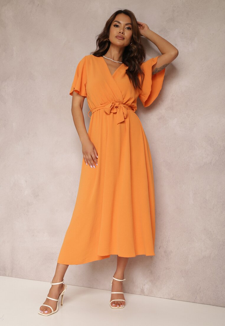 Pomarańczowa Sukienka z Paskiem Oreithadina