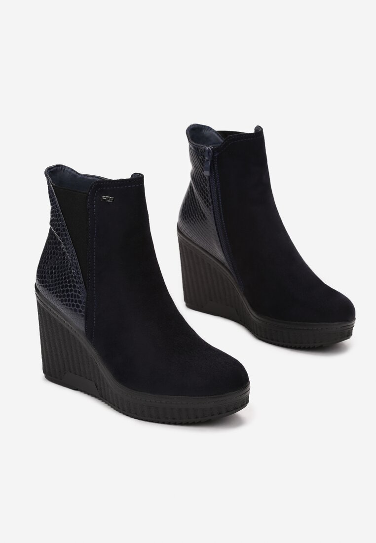 Czarno-Granatowe Botki na Koturnie Boesen