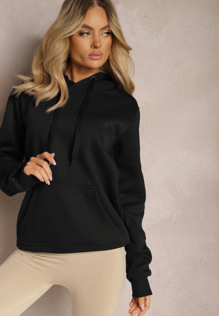 Czarna Klasyczna Bluza z Kapturem ze Ściągaczem Mozartia