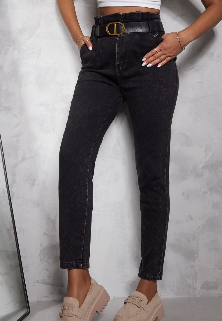 Czarne Jeansy Mom Fit z Paskiem Astera