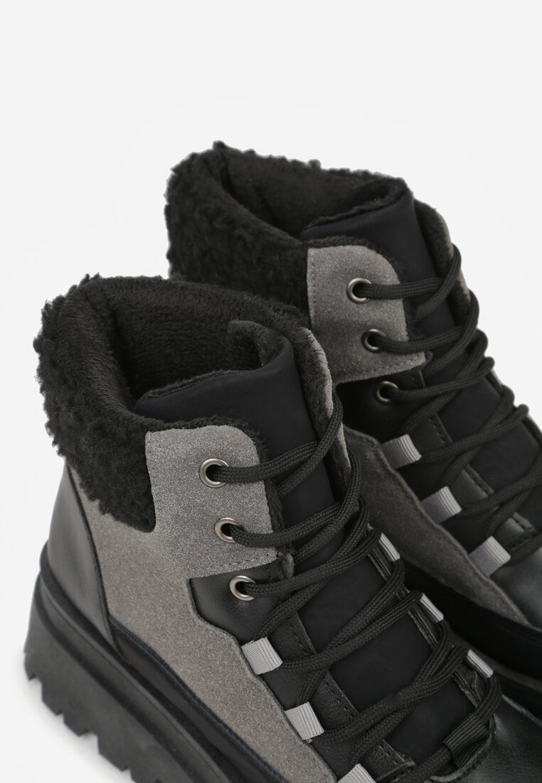 Czarno-Szare Traperki Sznurowane Trapery Janne