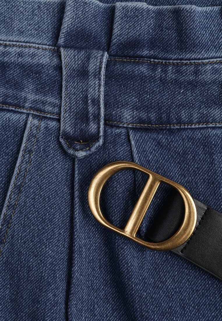Granatowe Jeansy Mom Fit z Paskiem Astera
