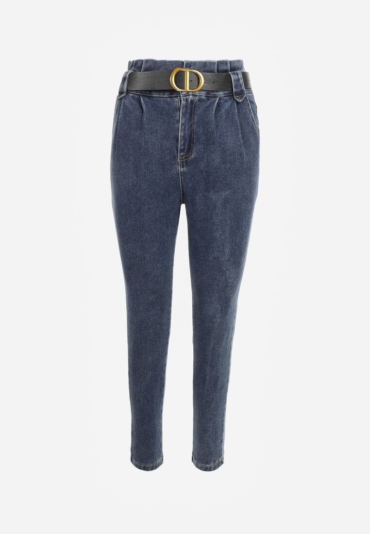 Granatowe Jeansy Mom Fit z Paskiem Astera