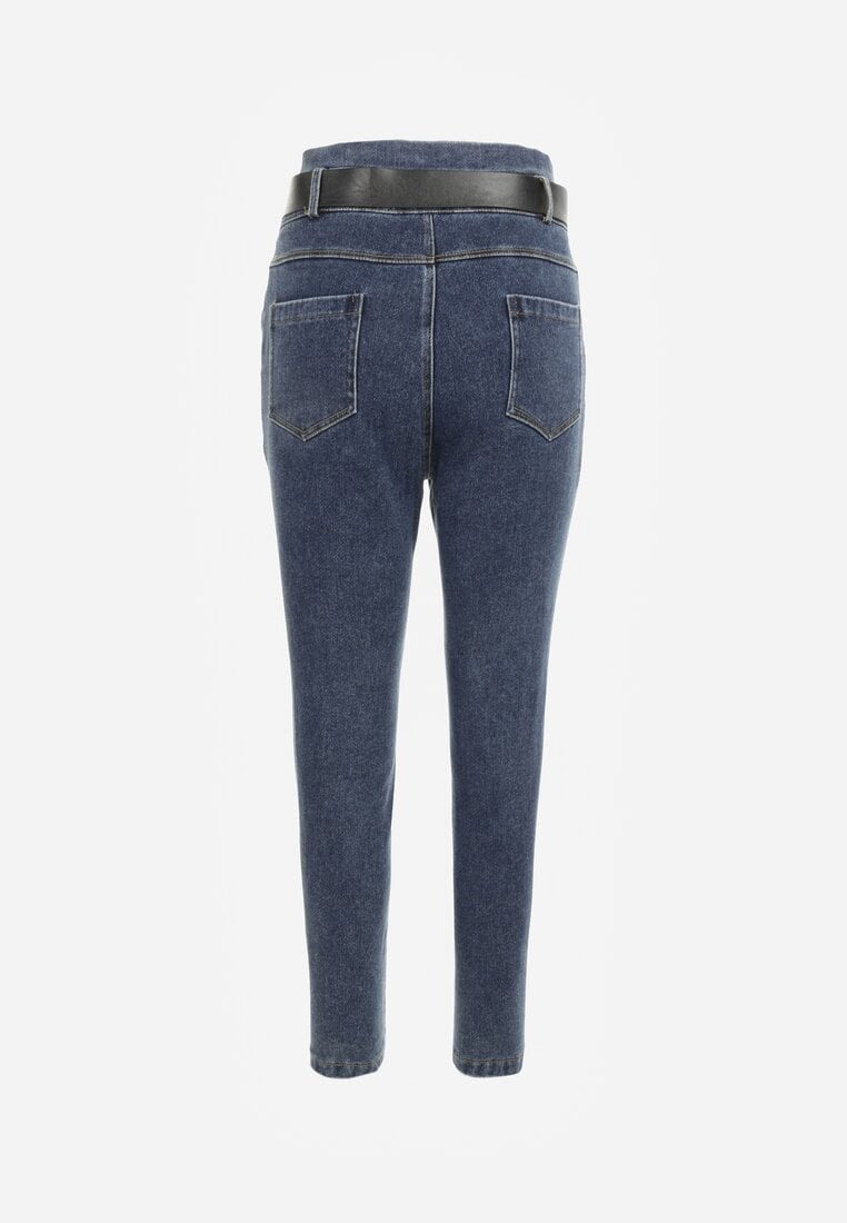 Granatowe Jeansy Mom Fit z Paskiem Astera