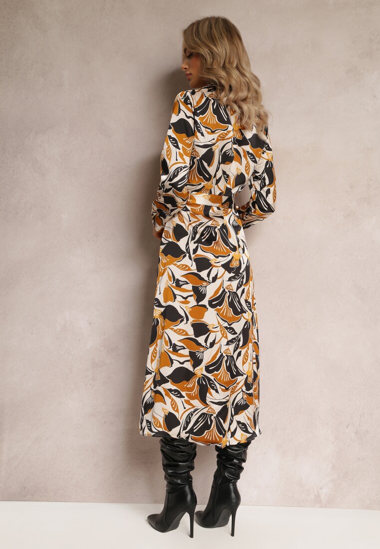 Beżowo-Czarna Satynowa Sukienka Koszulowa z Materiałowym Paskiem Gahi