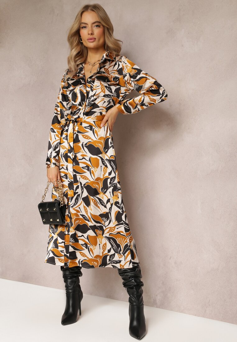 Beżowo-Czarna Satynowa Sukienka Koszulowa z Materiałowym Paskiem Gahi