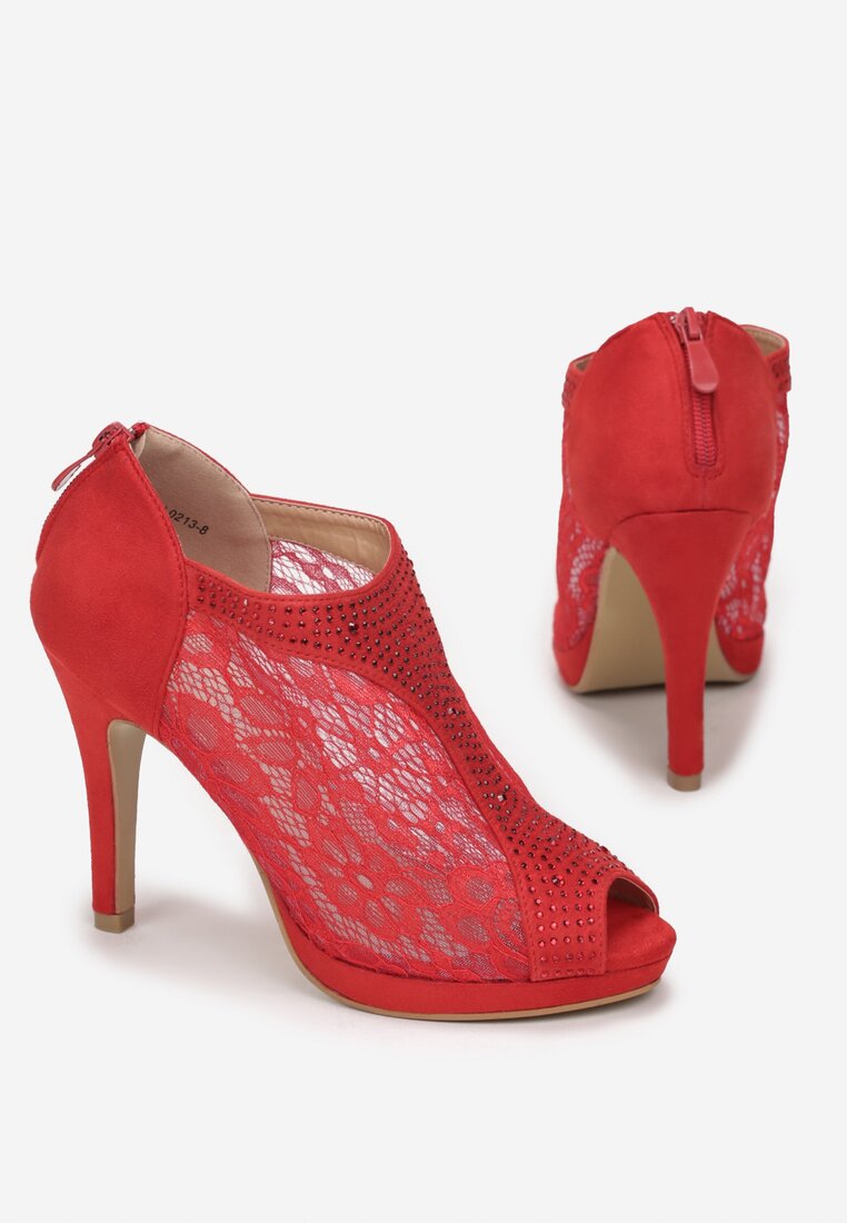 Czerwone Botki Koronkowe Peep Toe na Szpilce Kidillel