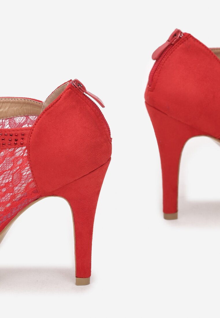 Czerwone Botki Koronkowe Peep Toe na Szpilce Kidillel