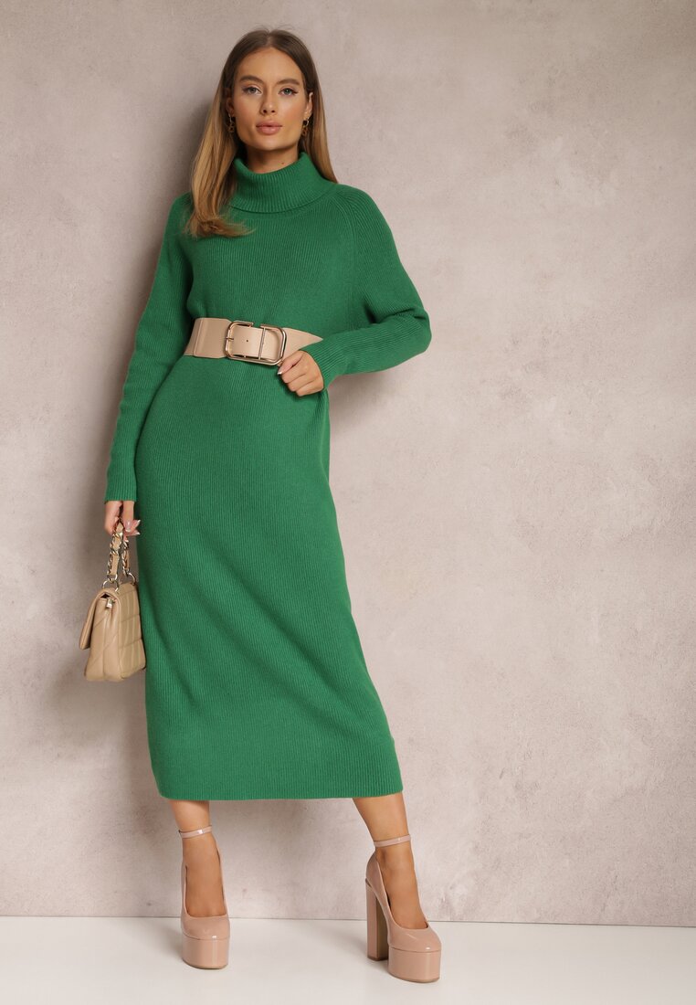 Zielona Sukienka Sweterkowa z Golfem Malachi