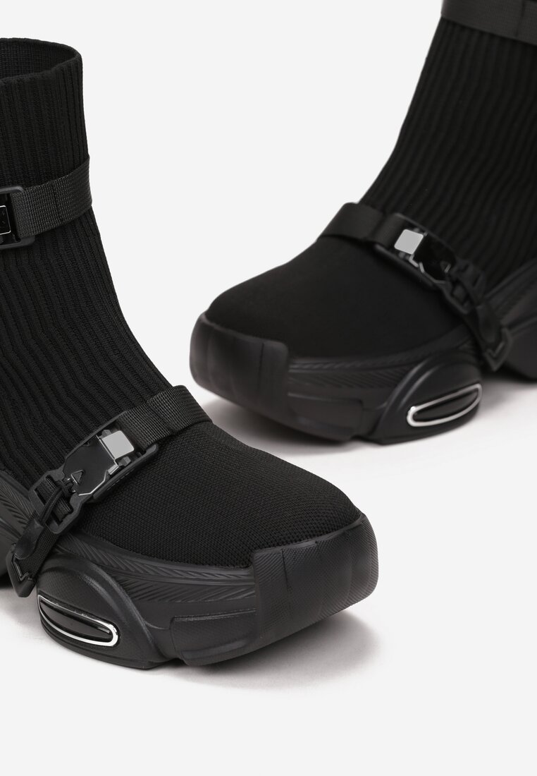 Czarne Sneakersy z Elastyczną Prążkowaną Cholewką Na Platformie Nerdrane