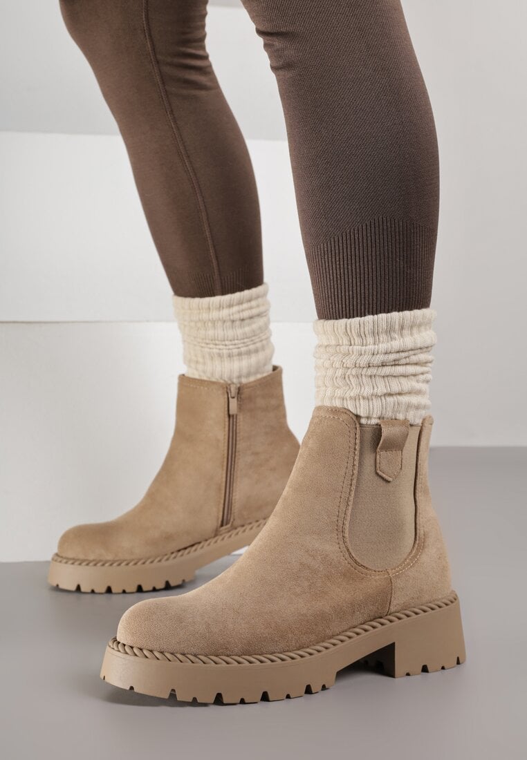 Beżowe Botki Sztyblety z Elastyczną Wstawką Ralia