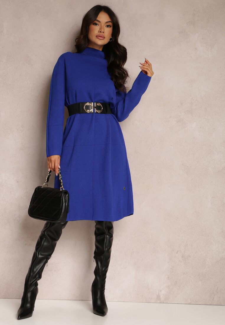 Granatowa Sukienka Dzianinowa z Golfem Megi