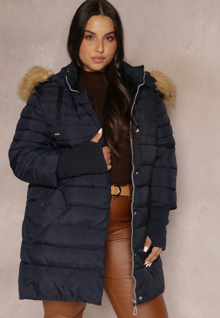 Granatowa Kurtka Pikowana z Futerkiem Halimah