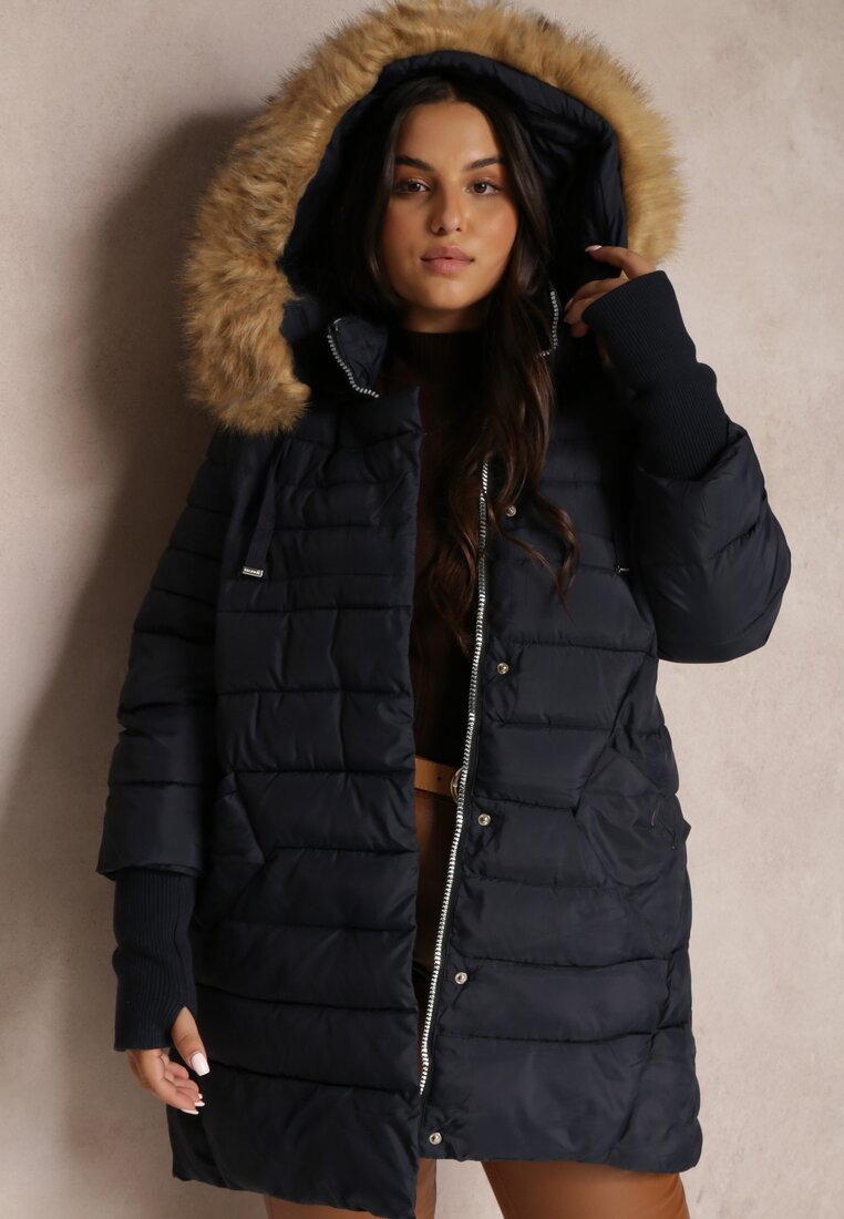 Granatowa Kurtka Pikowana z Futerkiem Halimah