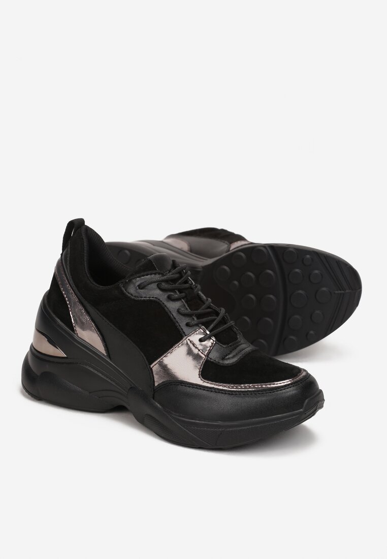 Czarno-Srebrne Sneakersy na Koturnie z Wkładką ze Skóry Naturalnej Huso