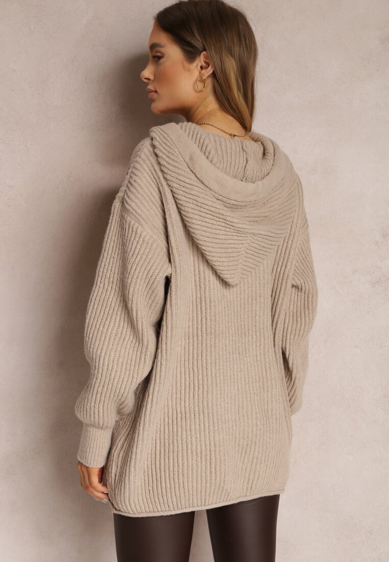 Ciemnobeżowy Sweter Oversize z Kapturem Ukuroa