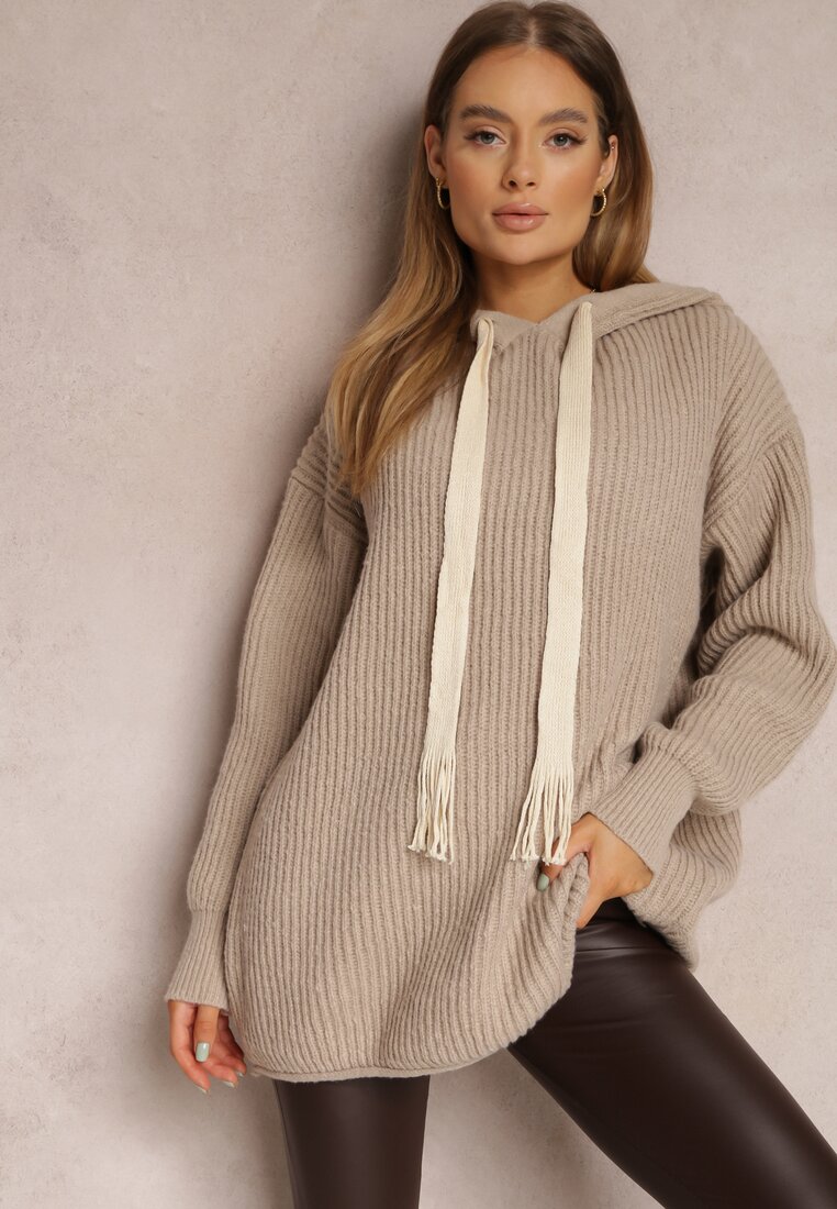 Ciemnobeżowy Sweter Oversize z Kapturem Ukuroa